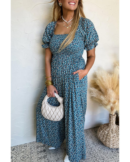 Vintage Boho Floral Puff Sleeve Wide Leg Jumpsuit