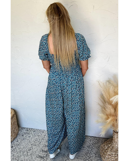 Vintage Boho Floral Puff Sleeve Wide Leg Jumpsuit