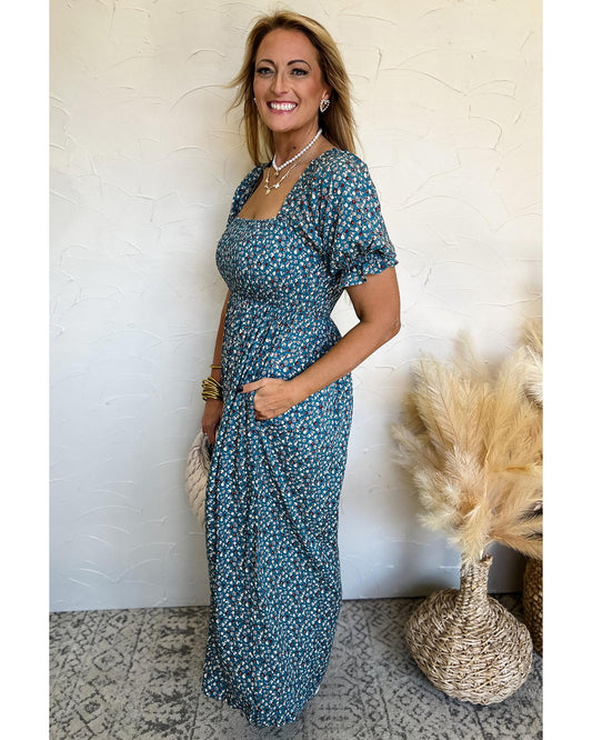 Vintage Boho Floral Puff Sleeve Wide Leg Jumpsuit