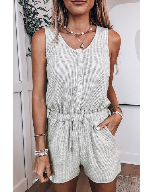 Light Grey Waffle Knit Buttoned Front Drawstring Waist Romper
