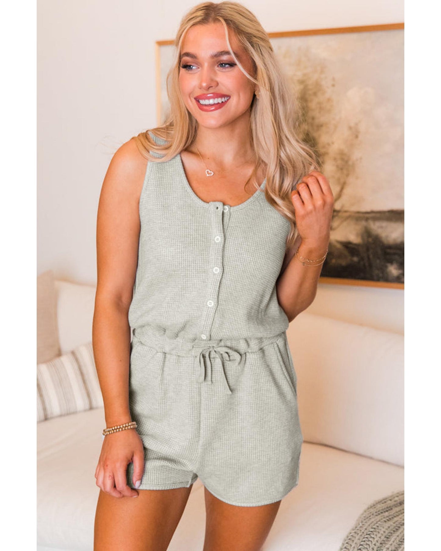 Light Grey Waffle Knit Buttoned Front Drawstring Waist Romper
