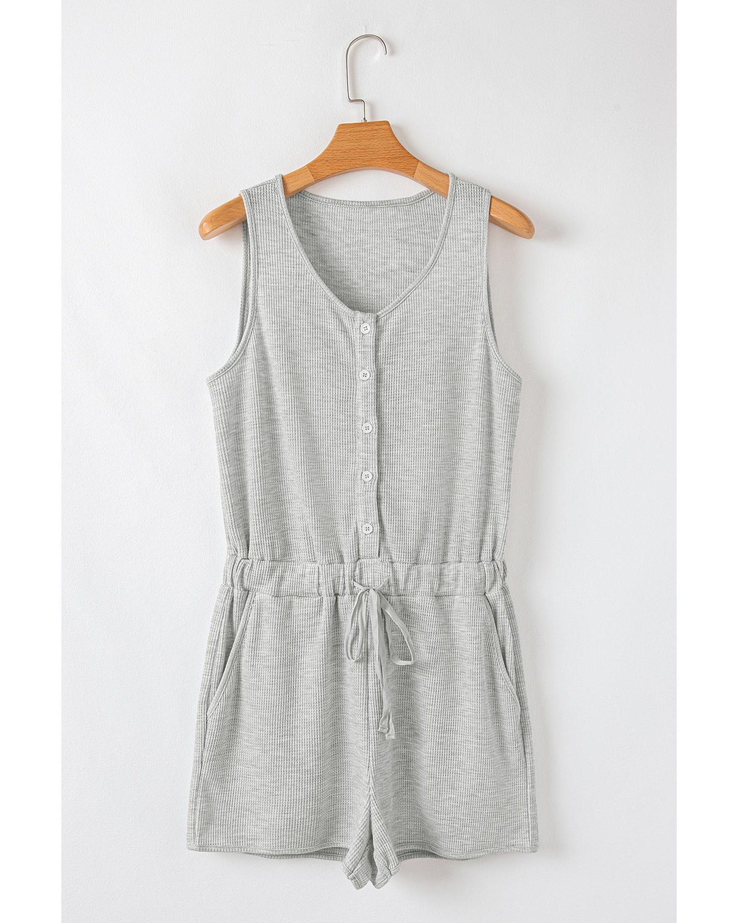 Light Grey Waffle Knit Buttoned Front Drawstring Waist Romper