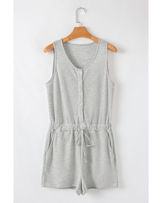 Light Grey Waffle Knit Buttoned Front Drawstring Waist Romper