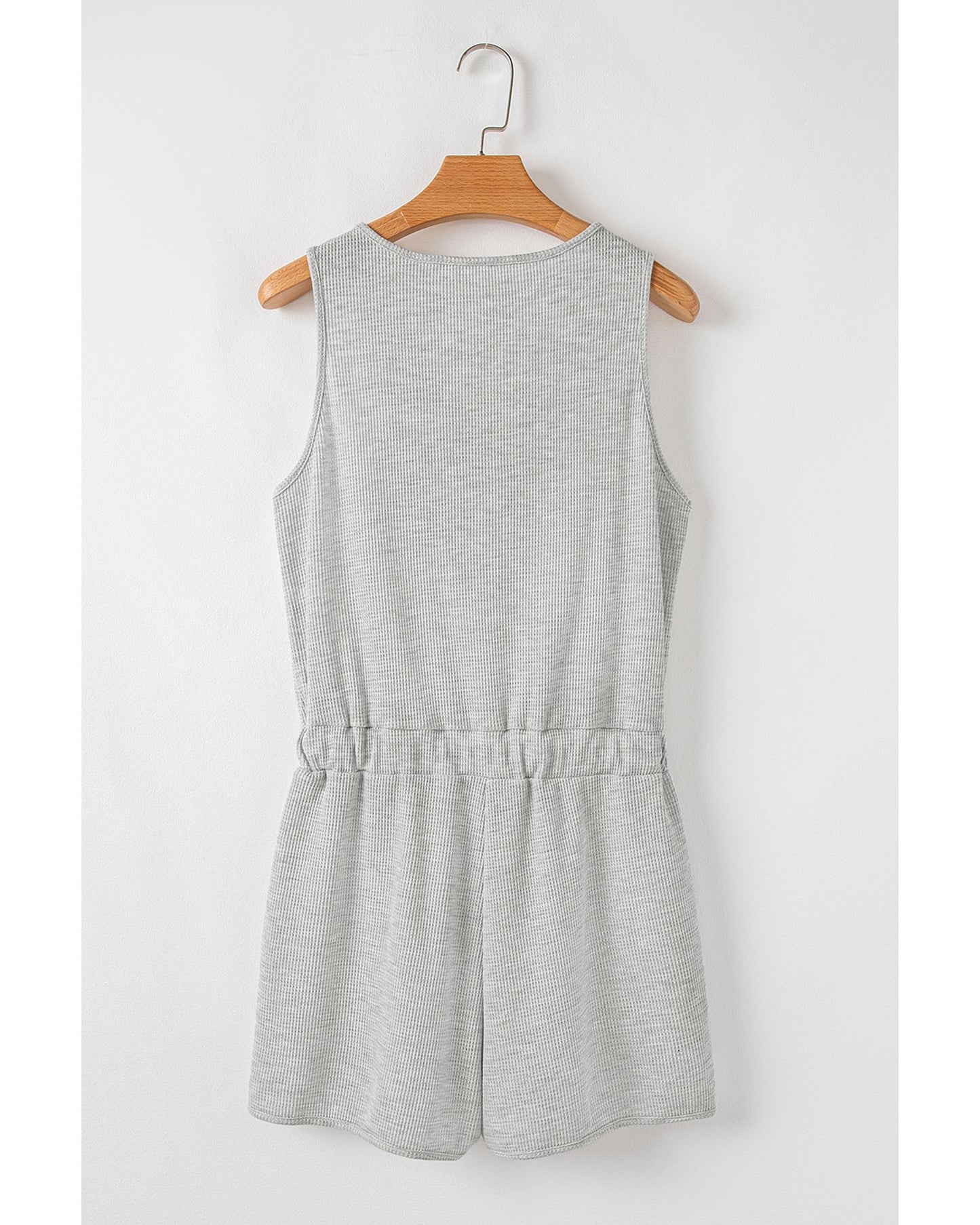 Light Grey Waffle Knit Buttoned Front Drawstring Waist Romper