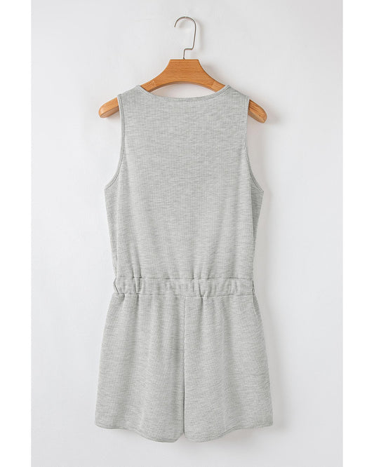 Light Grey Waffle Knit Buttoned Front Drawstring Waist Romper