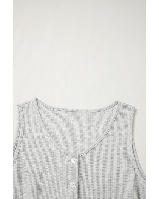 Light Grey Waffle Knit Buttoned Front Drawstring Waist Romper