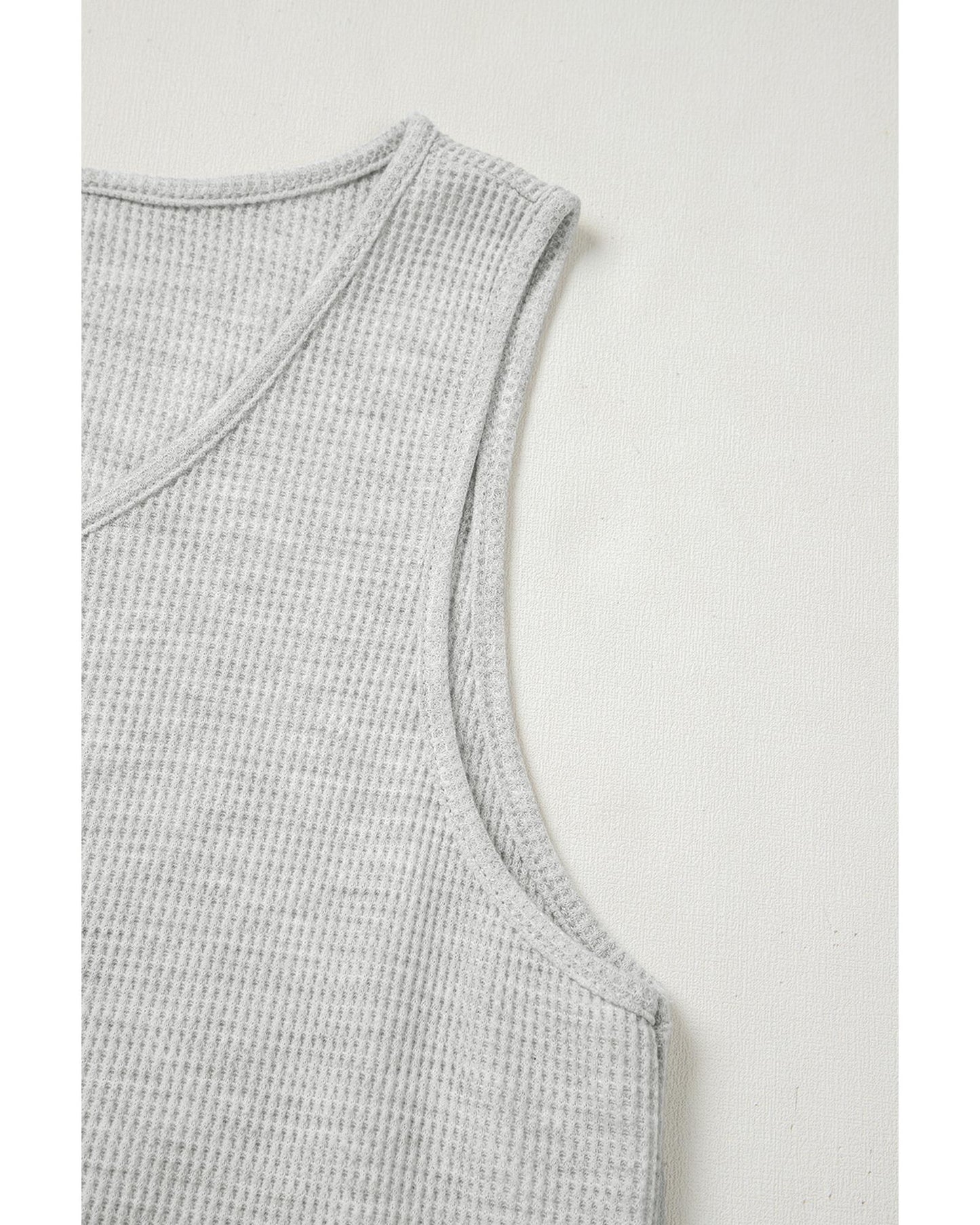 Light Grey Waffle Knit Buttoned Front Drawstring Waist Romper