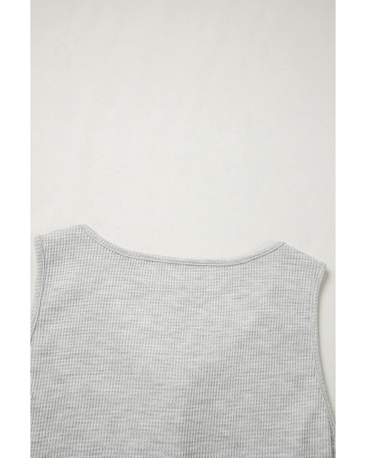 Light Grey Waffle Knit Buttoned Front Drawstring Waist Romper