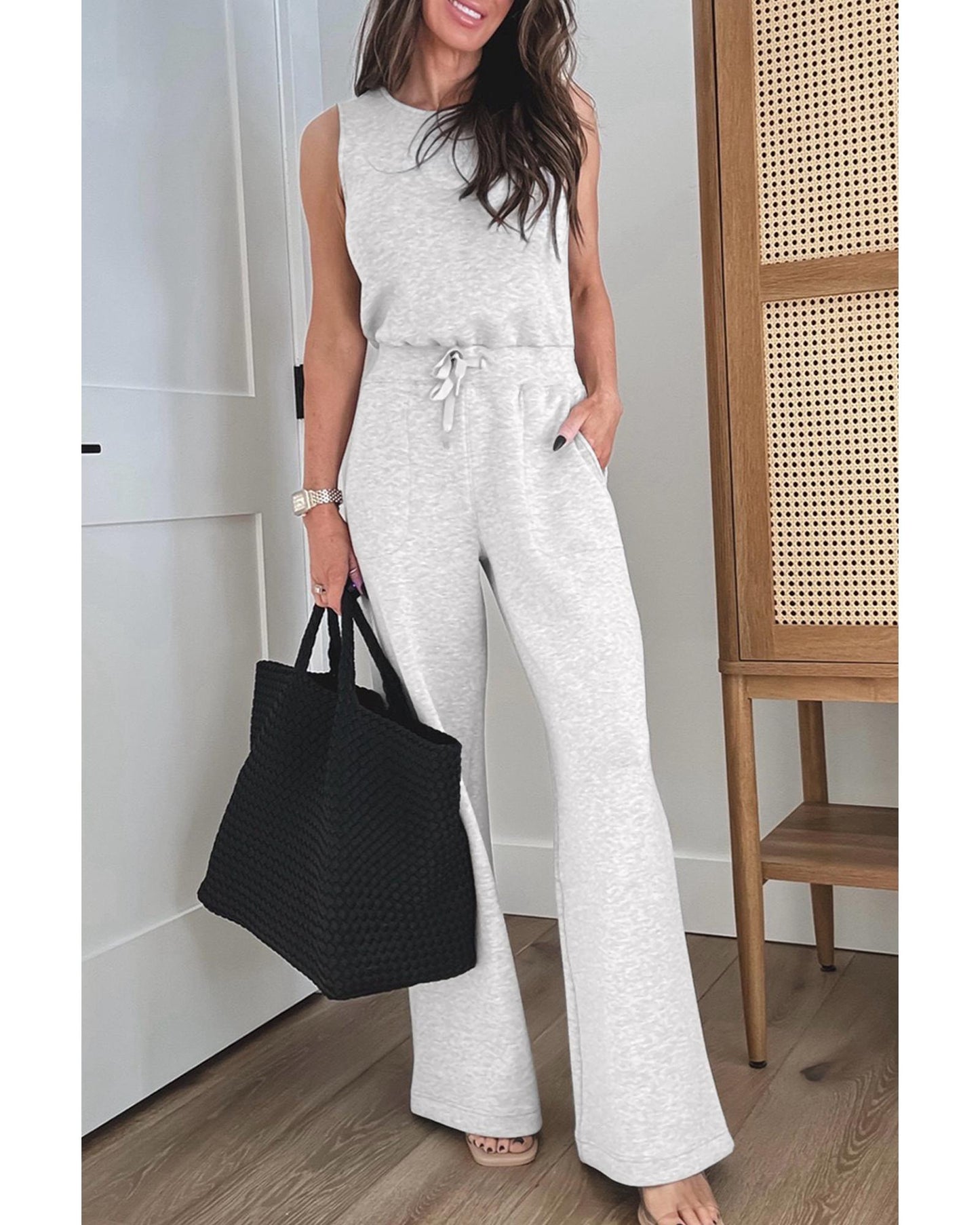 Light Grey Crew Neck Drawstring High Waist Jumpsuit