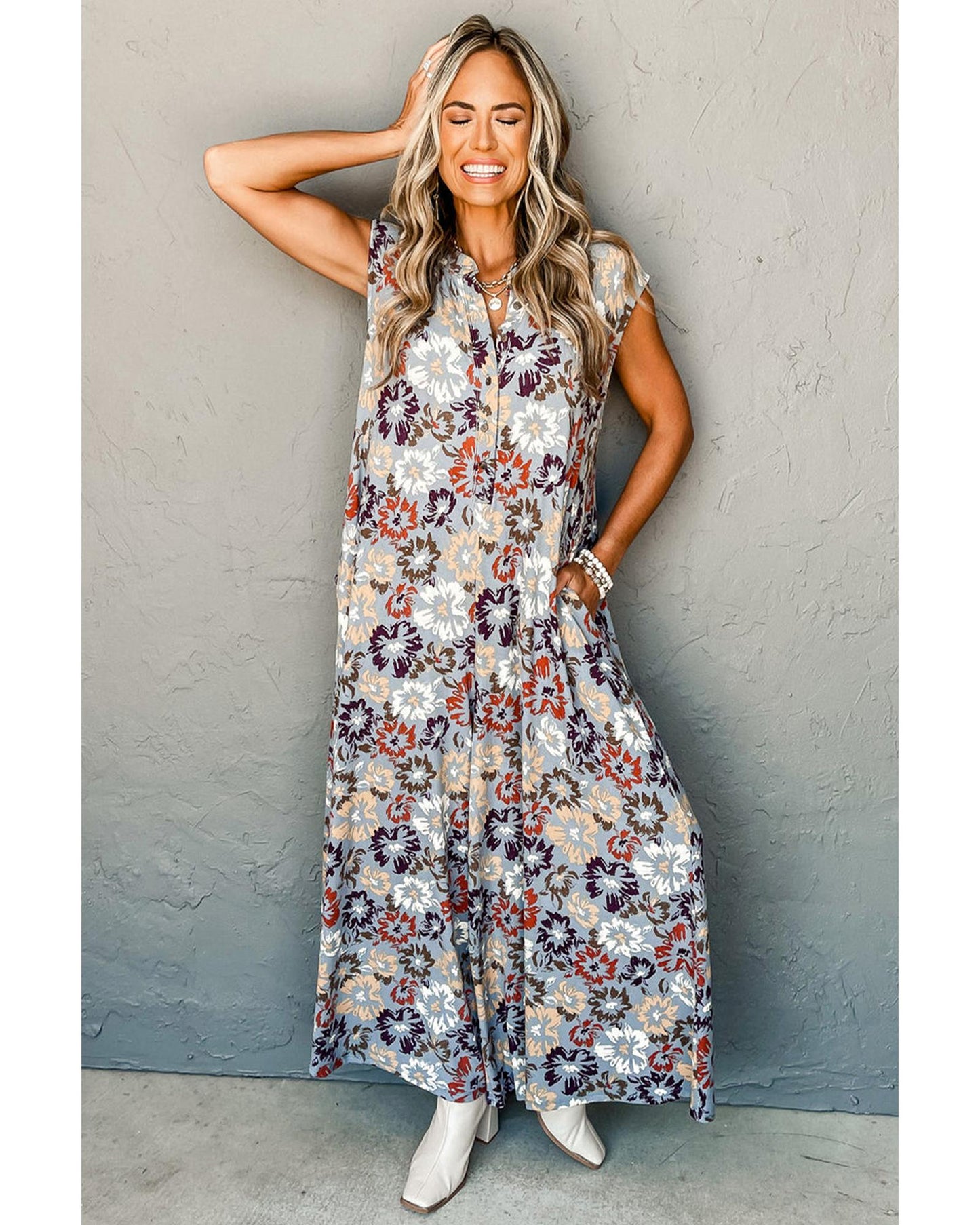 Floral Sleeveless Buttoned Pocketed Wide-Leg Jumpsuit