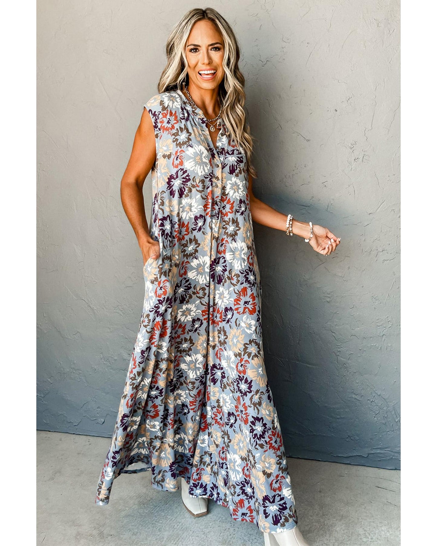 Floral Sleeveless Buttoned Pocketed Wide-Leg Jumpsuit
