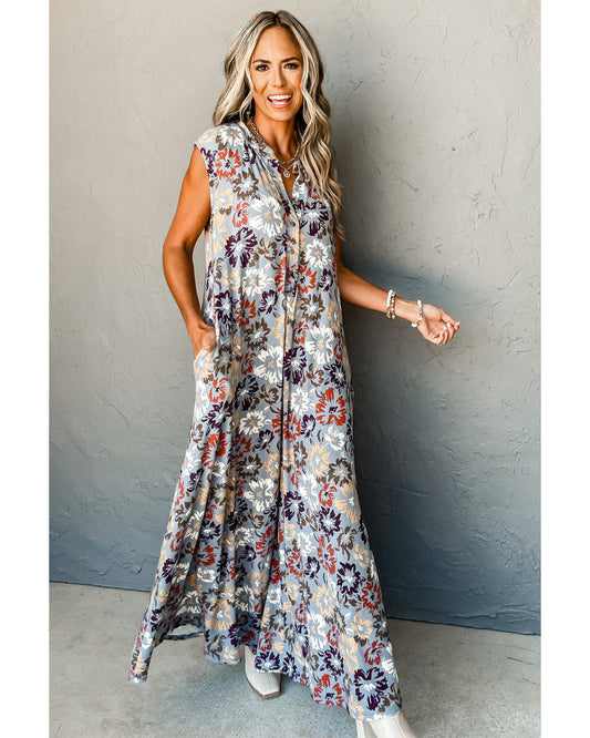 Floral Sleeveless Buttoned Pocketed Wide-Leg Jumpsuit