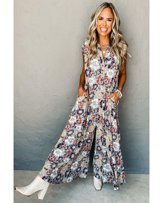 Floral Sleeveless Buttoned Pocketed Wide-Leg Jumpsuit