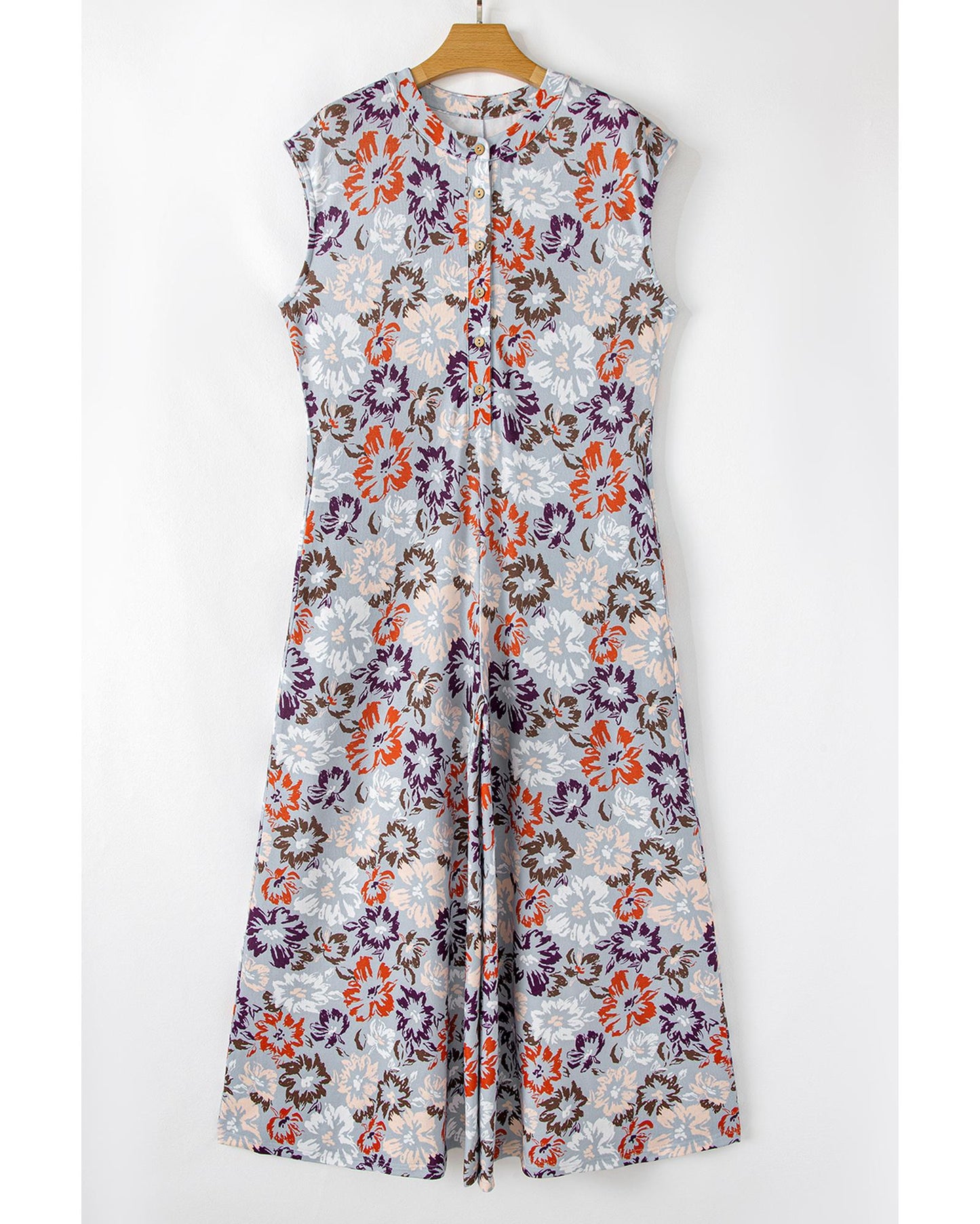 Floral Sleeveless Buttoned Pocketed Wide-Leg Jumpsuit