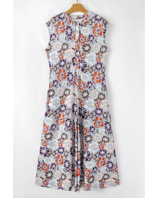 Floral Sleeveless Buttoned Pocketed Wide-Leg Jumpsuit