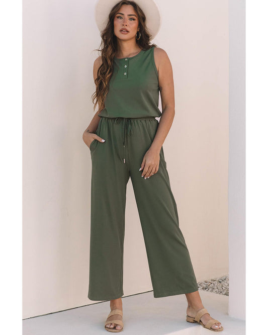 Vineyard Green Buttoned Drawstring Waist Wide Leg Jumpsuit