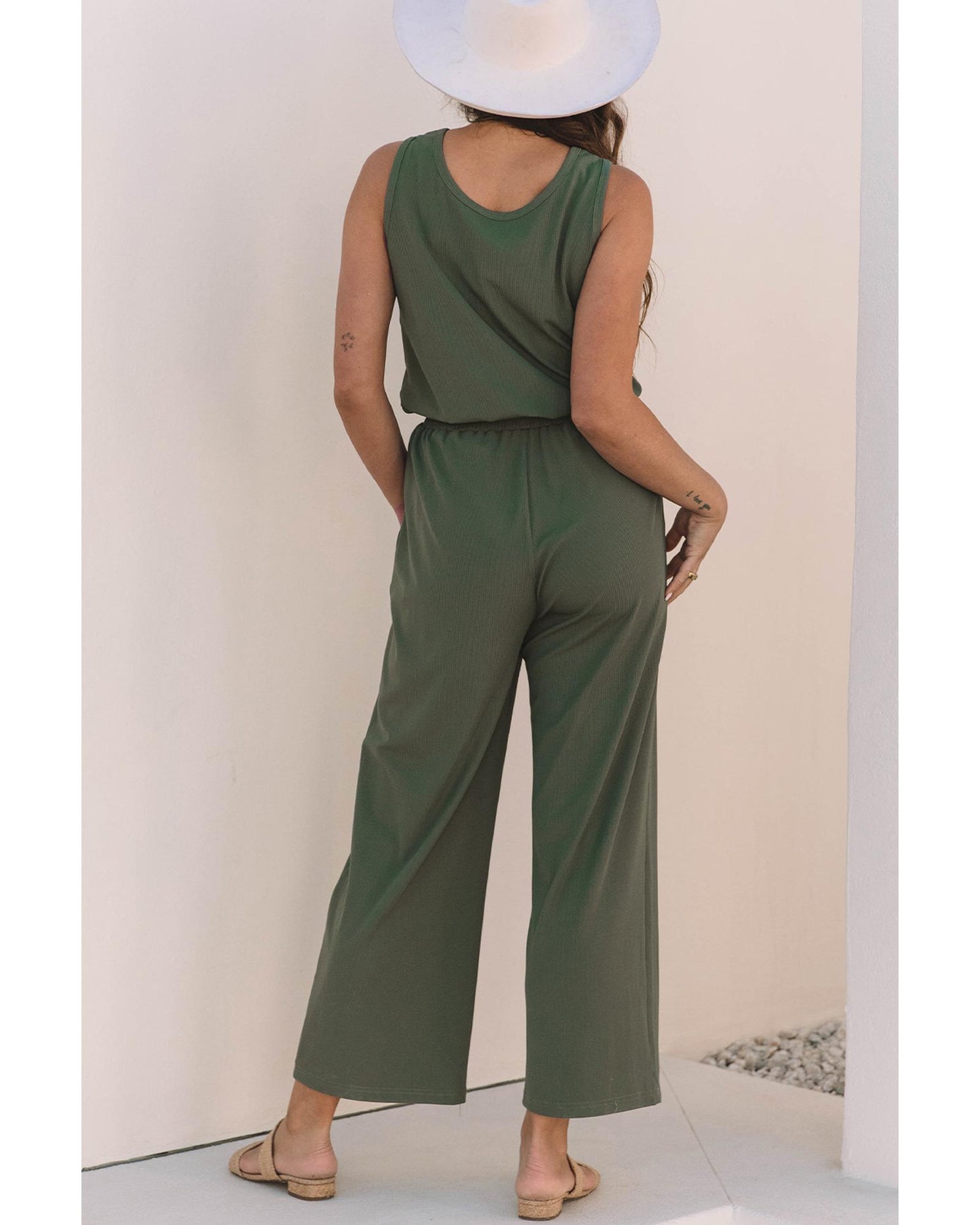 Vineyard Green Buttoned Drawstring Waist Wide Leg Jumpsuit