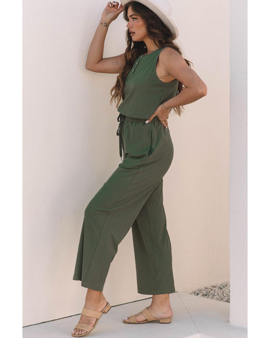 Vineyard Green Buttoned Drawstring Waist Wide Leg Jumpsuit