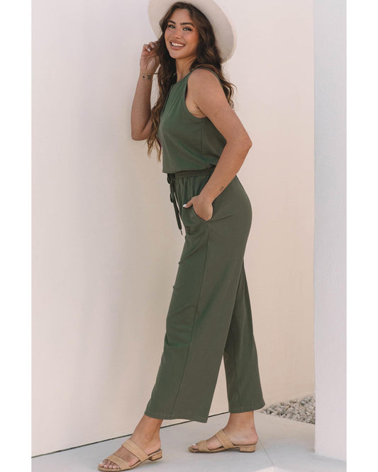 Vineyard Green Buttoned Drawstring Waist Wide Leg Jumpsuit