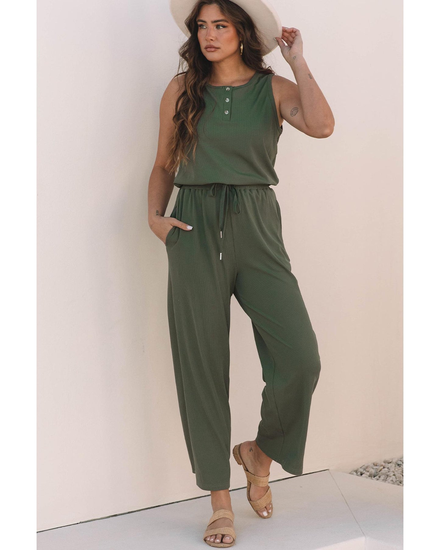 Vineyard Green Buttoned Drawstring Waist Wide Leg Jumpsuit