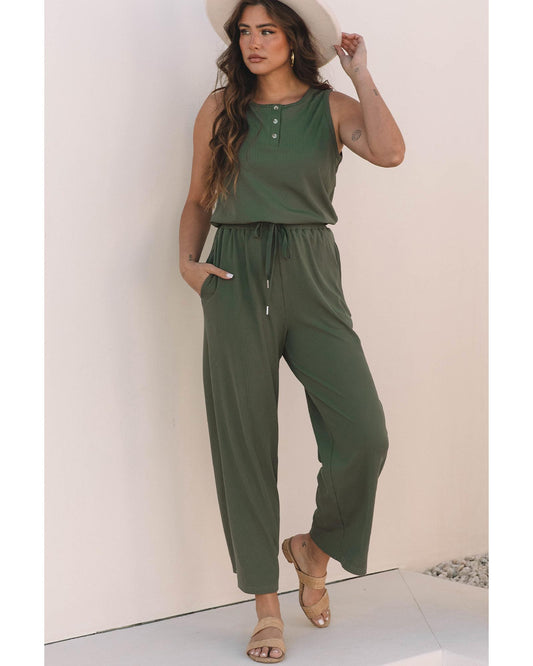 Vineyard Green Buttoned Drawstring Waist Wide Leg Jumpsuit