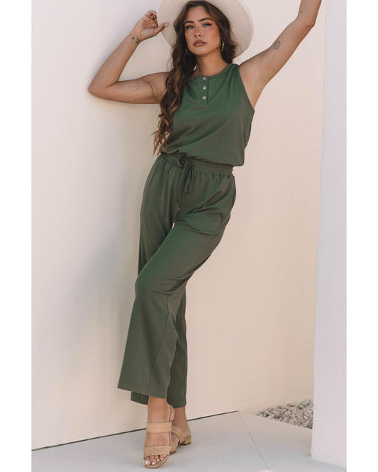 Vineyard Green Buttoned Drawstring Waist Wide Leg Jumpsuit