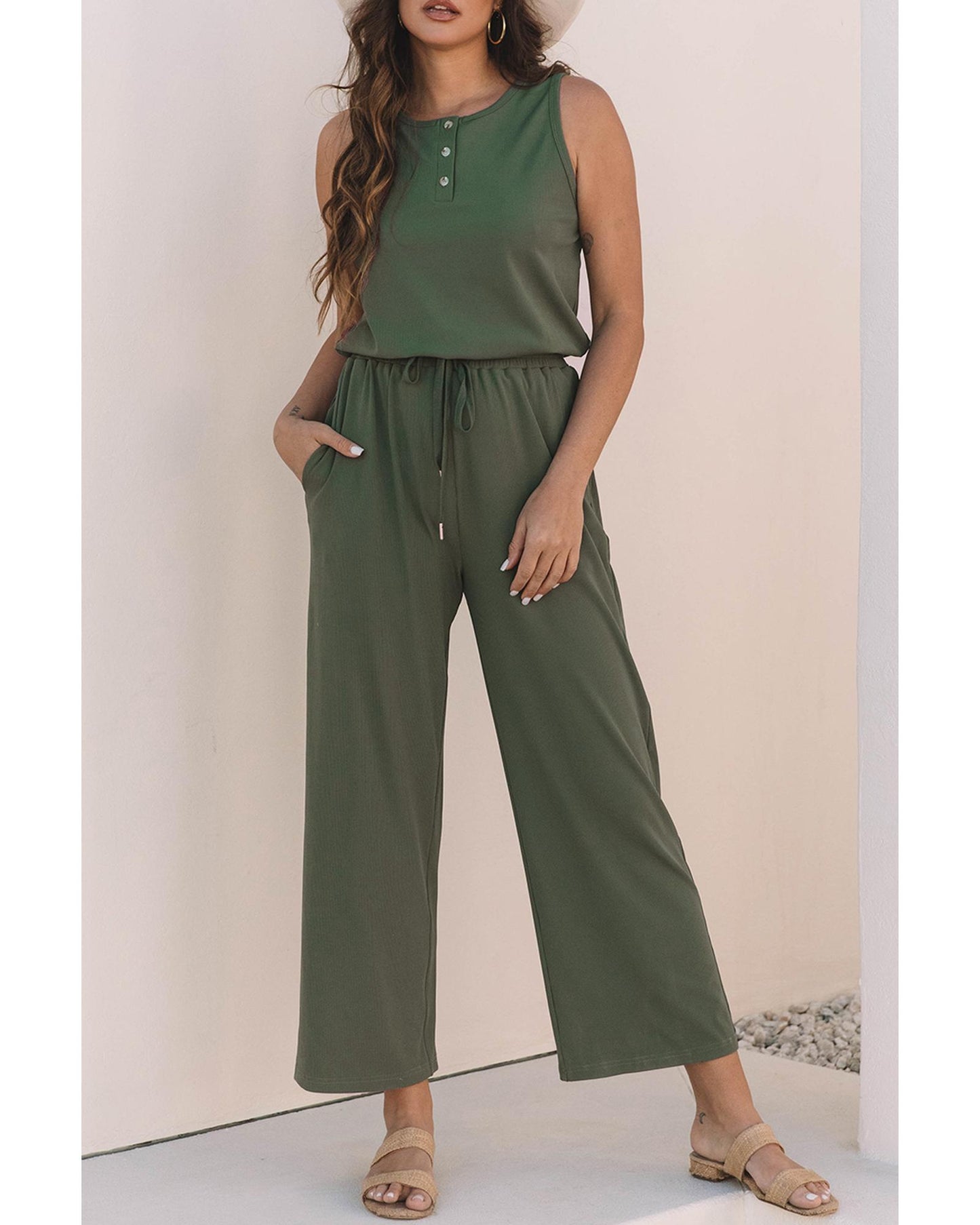 Vineyard Green Buttoned Drawstring Waist Wide Leg Jumpsuit