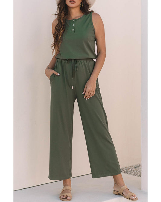 Vineyard Green Buttoned Drawstring Waist Wide Leg Jumpsuit