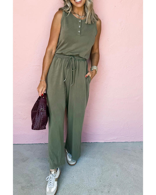 Vineyard Green Buttoned Drawstring Waist Wide Leg Jumpsuit