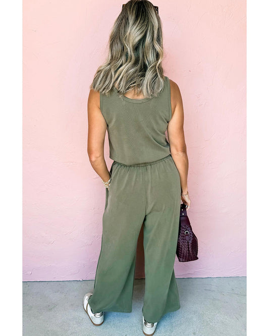 Vineyard Green Buttoned Drawstring Waist Wide Leg Jumpsuit