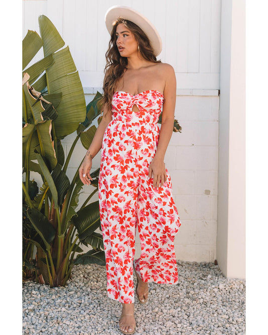 Floral Twisted Bandeau Keyhole Wide-Leg Jumpsuit