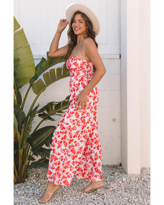 Floral Twisted Bandeau Keyhole Wide-Leg Jumpsuit