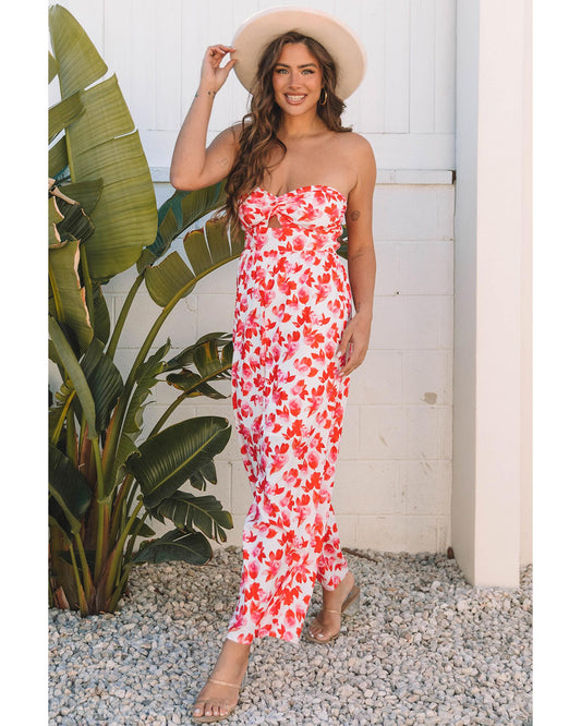 Floral Twisted Bandeau Keyhole Wide-Leg Jumpsuit