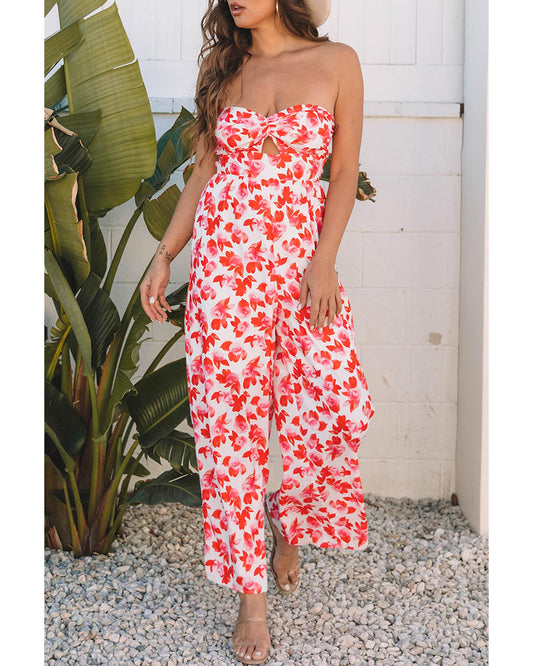 Floral Twisted Bandeau Keyhole Wide-Leg Jumpsuit