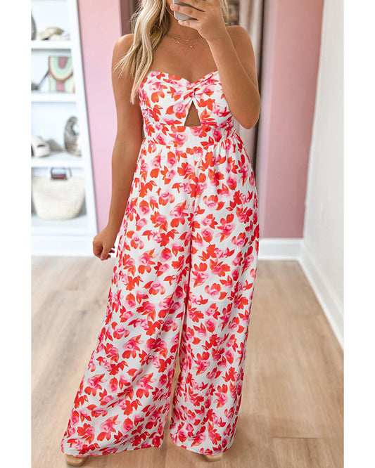 Floral Twisted Bandeau Keyhole Wide-Leg Jumpsuit