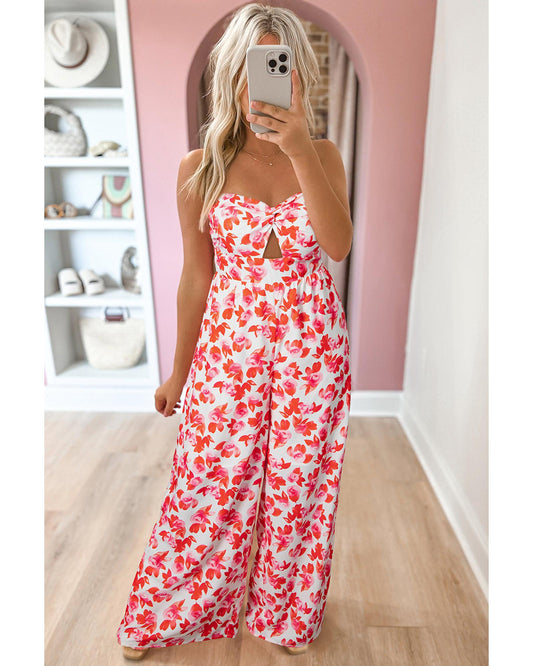 Floral Twisted Bandeau Keyhole Wide-Leg Jumpsuit