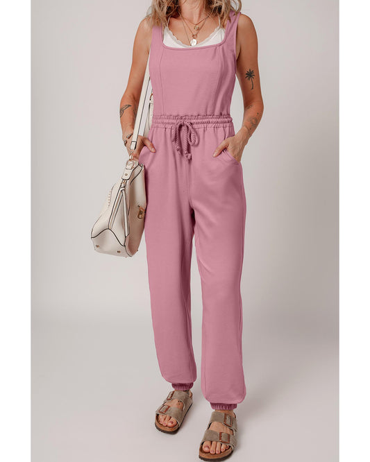 Light Pink Lace-up Elastic Waist Sleeveless Jumpsuit