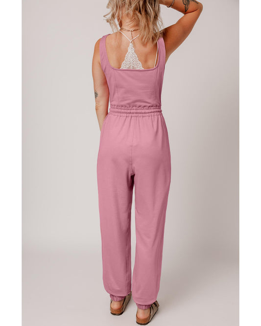 Light Pink Lace-up Elastic Waist Sleeveless Jumpsuit