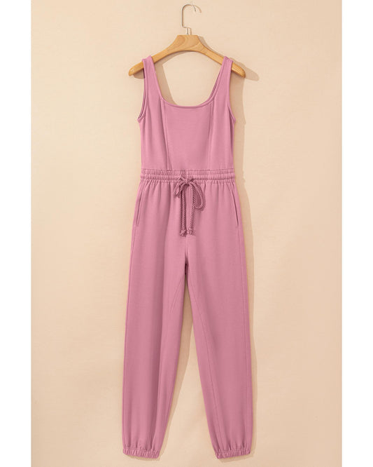 Light Pink Lace-up Elastic Waist Sleeveless Jumpsuit