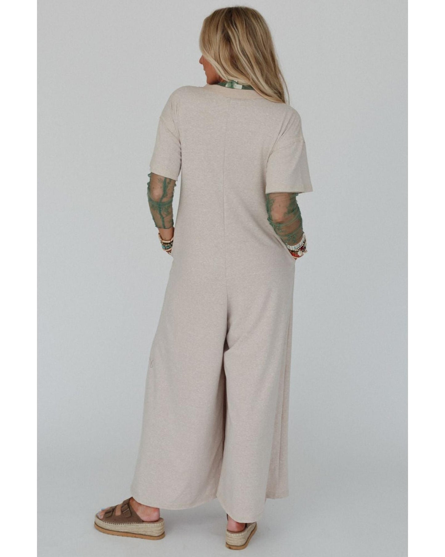 Half Placket Chest Pockets Wide Leg Jumpsuit