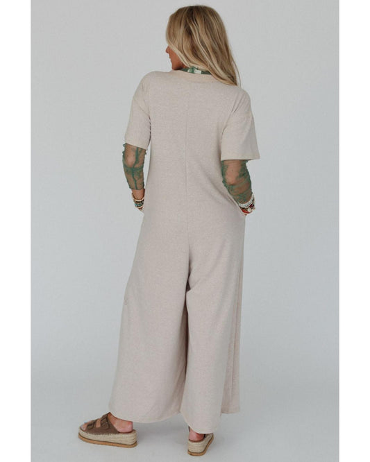 Half Placket Chest Pockets Wide Leg Jumpsuit
