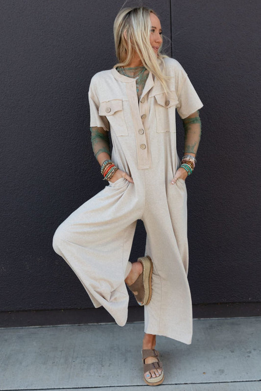 Half Placket Chest Pockets Wide Leg Jumpsuit