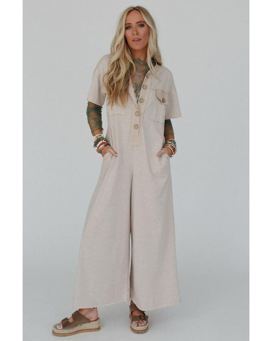 Half Placket Chest Pockets Wide Leg Jumpsuit