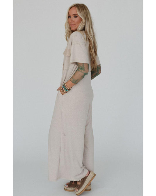 Half Placket Chest Pockets Wide Leg Jumpsuit