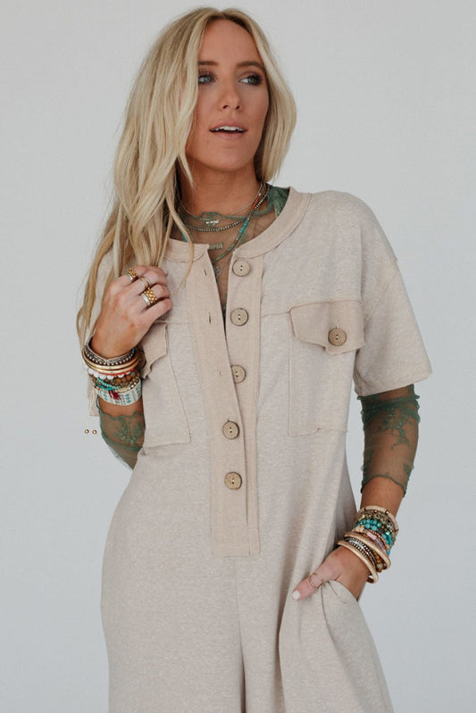 Half Placket Chest Pockets Wide Leg Jumpsuit