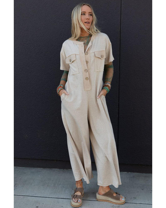 Half Placket Chest Pockets Wide Leg Jumpsuit