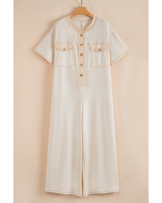 Half Placket Chest Pockets Wide Leg Jumpsuit