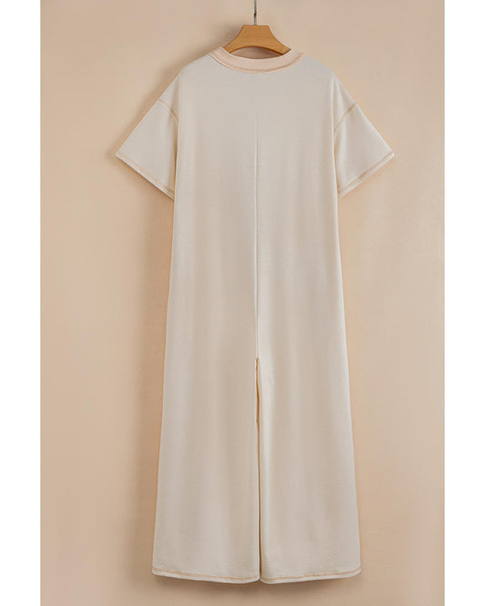 Half Placket Chest Pockets Wide Leg Jumpsuit