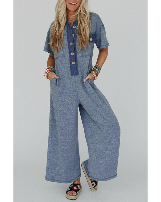 Half Placket Chest Pockets Wide Leg Jumpsuit