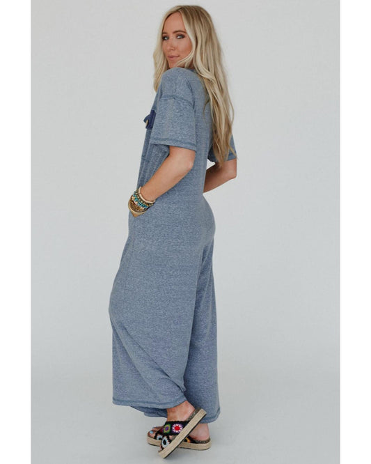 Half Placket Chest Pockets Wide Leg Jumpsuit